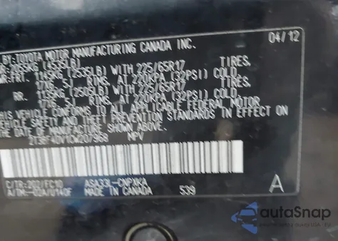 2012 Toyota Rav4 z USA, uszkodzony, nr VIN 2T3BF4DV1CW207968